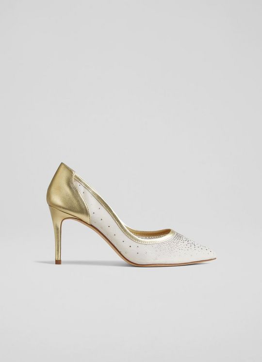 L.K.Bennett Liberty Gold Leather And Crystal Mesh Courts, Nude