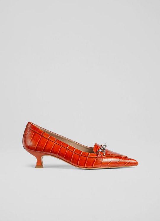 L.K.Bennett Renata Orange Croc-Effect Leather Kitten Heel Courts, Orange