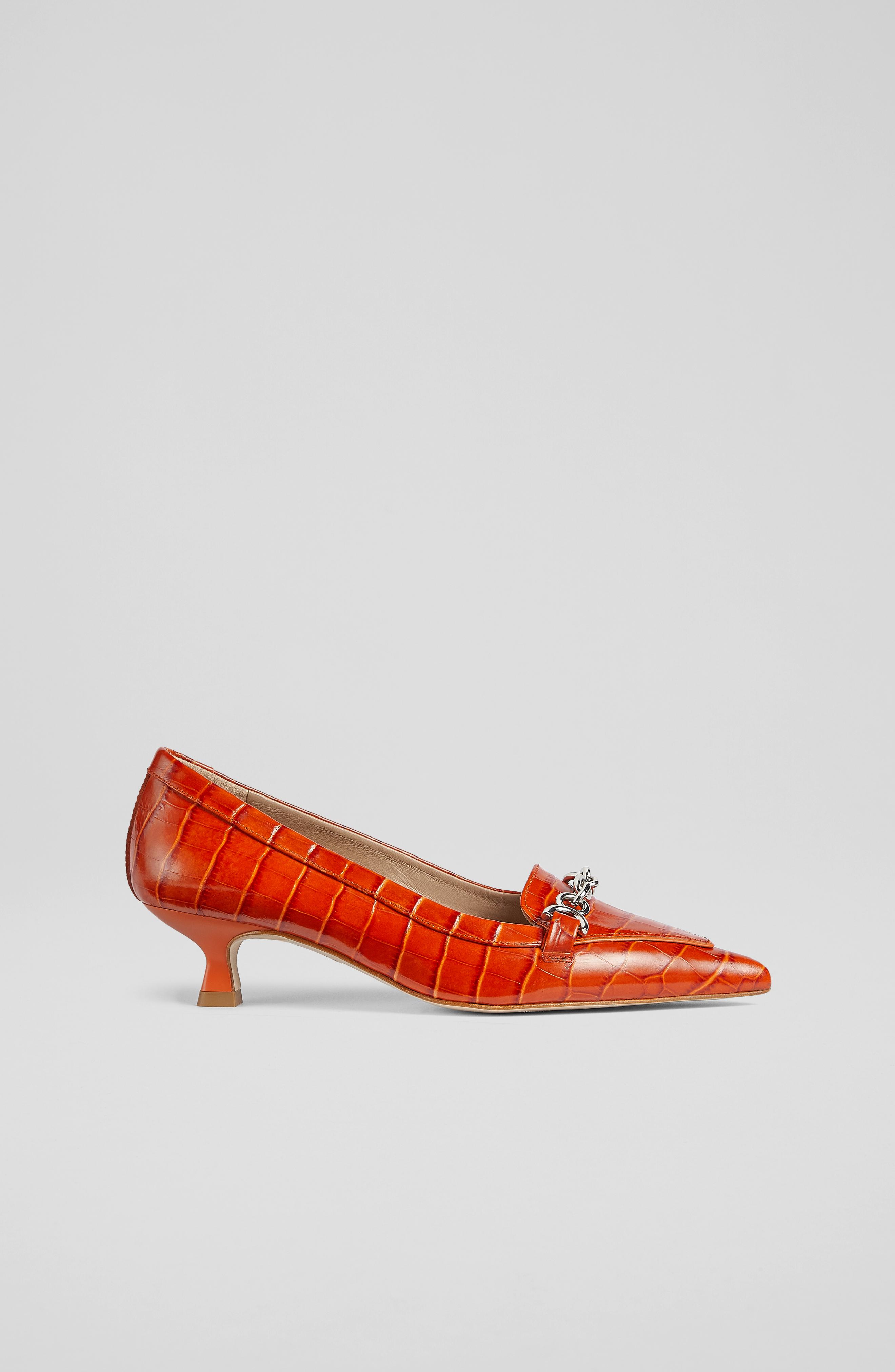 L.K.Bennett Renata Orange Croc-Effect Leather Kitten Heel Courts, Orange