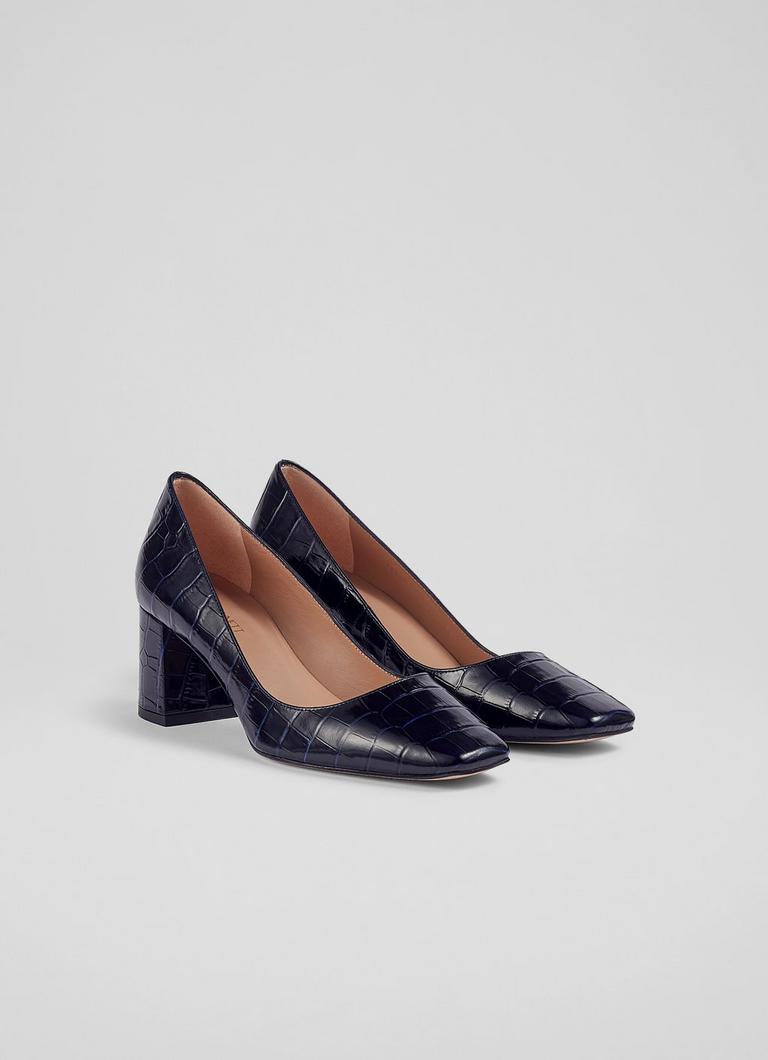 Sally Navy Croc Effect Leather Courts Shoes Collections L.K
