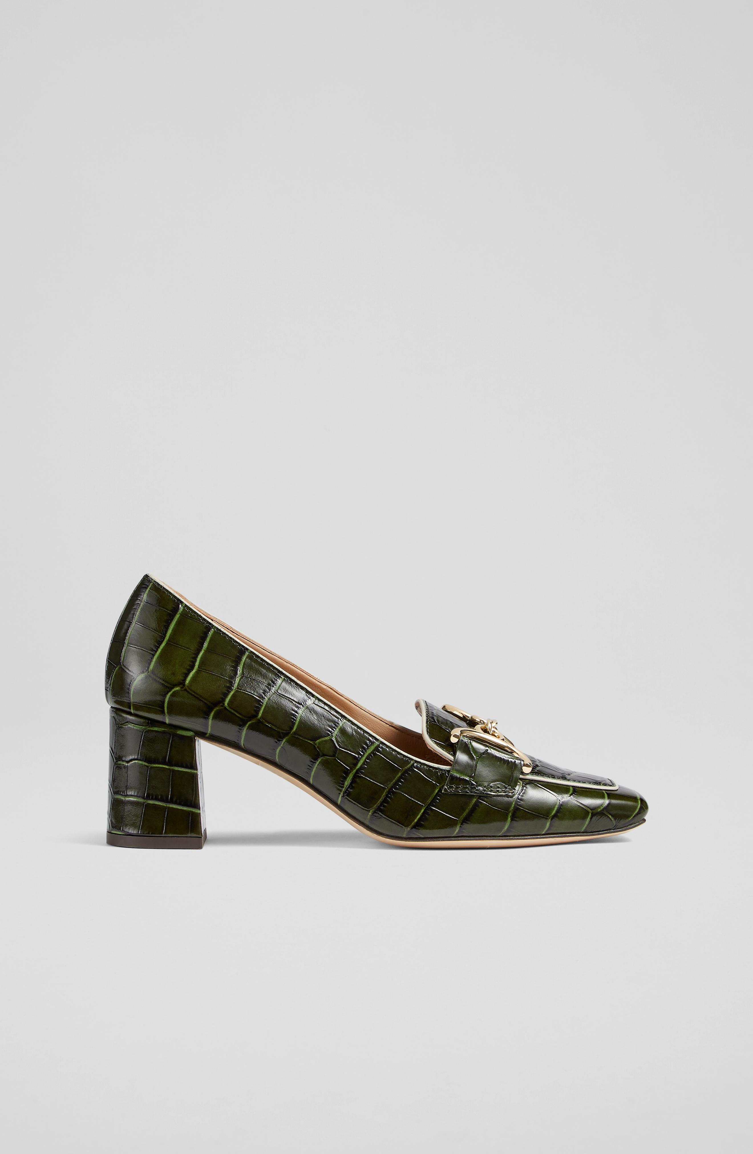 L.K.Bennett Samantha Green Croc-Effect Leather Snaffle-Detail Courts, Dark Green