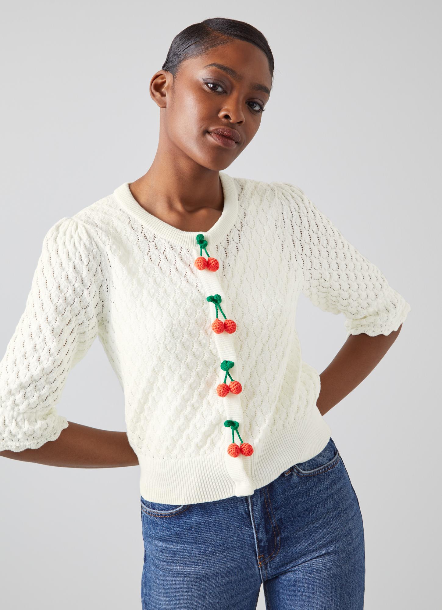 Mary Ivory Cotton Pointelle Cherry Button Cardigan | blackfriday