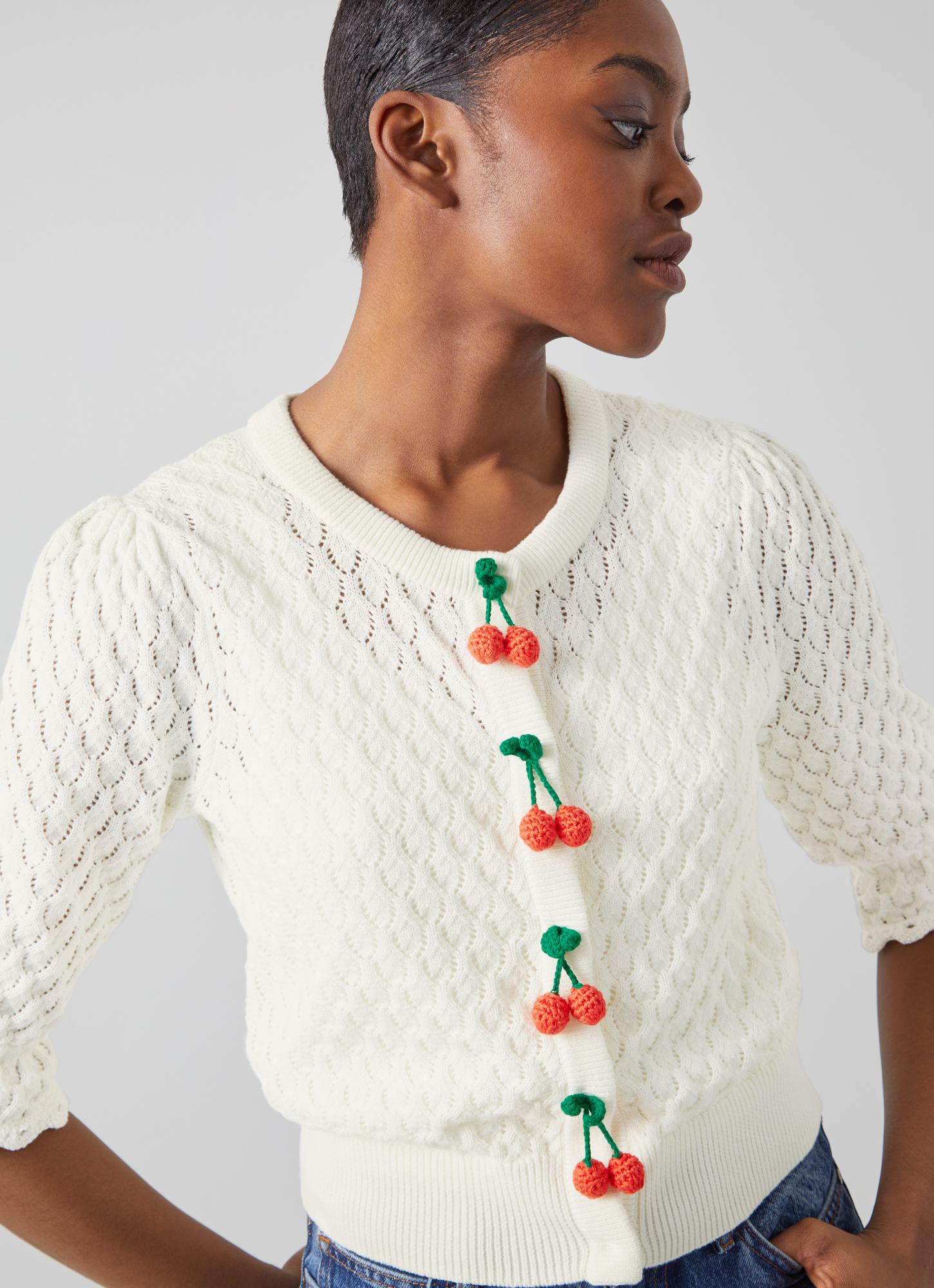 Mary Ivory Cotton Pointelle Cherry Button Cardigan | blackfriday