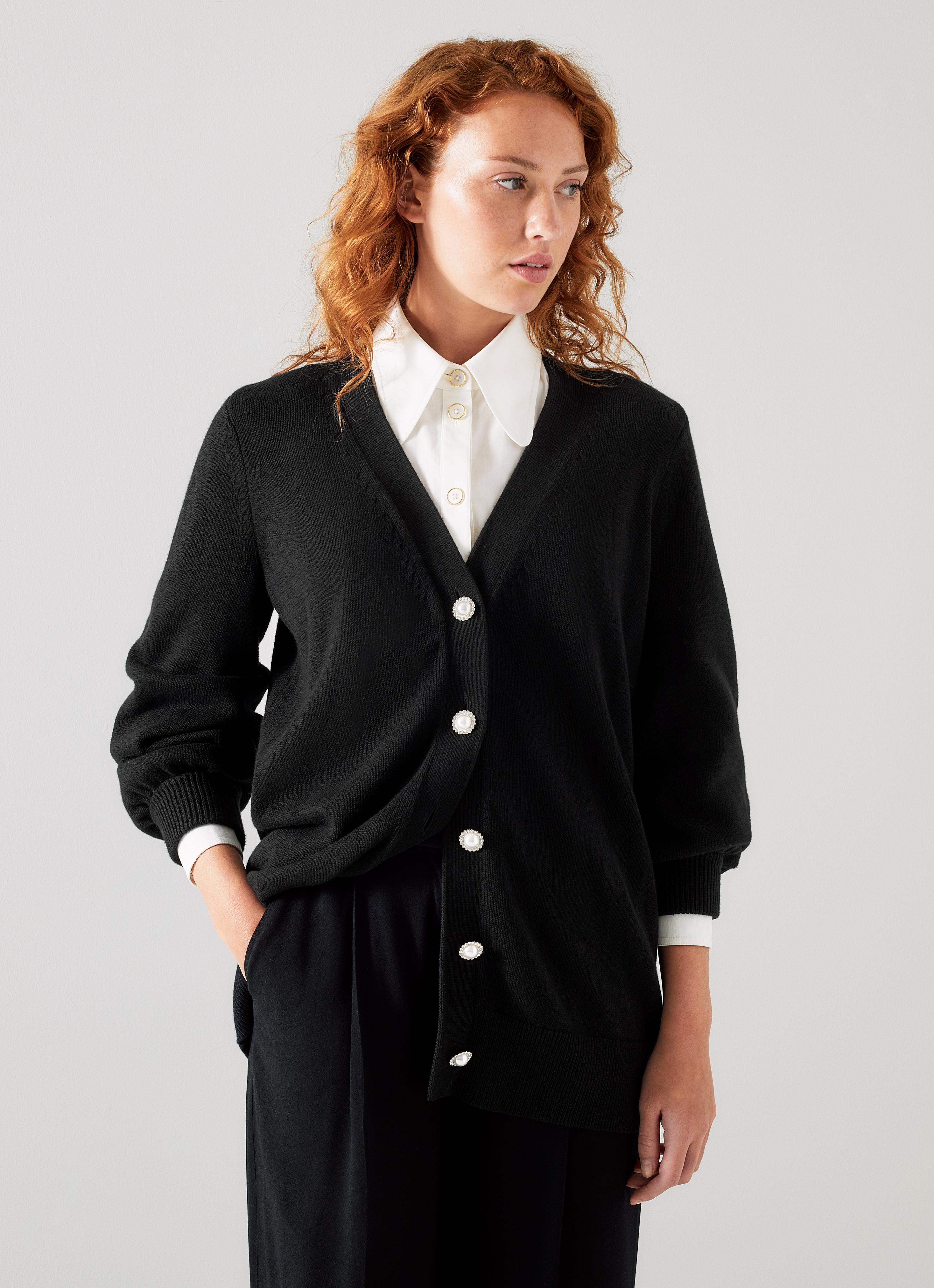 L.K.Bennett Rosy Black Cotton and Sustainably Sourced Merino Long Cardigan, Black