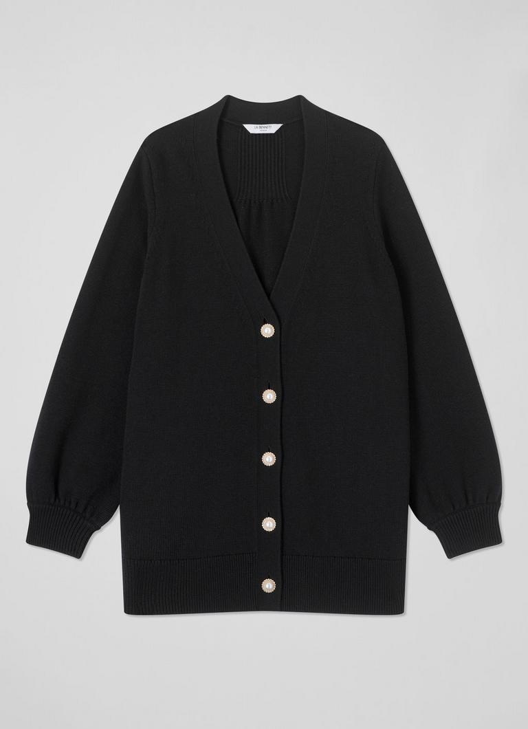 Rosy Black Cotton and Sustainably Sourced Merino Long Cardigan