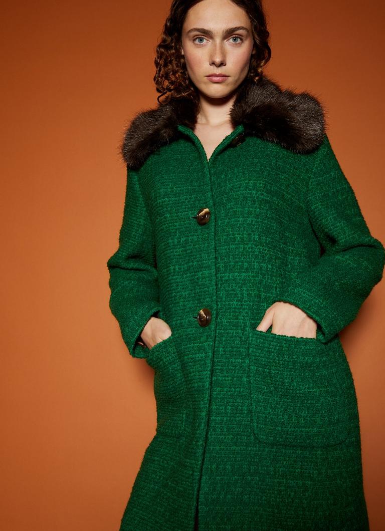 Aster Faux Fur Coat Green Boucl Coat LK Bennett