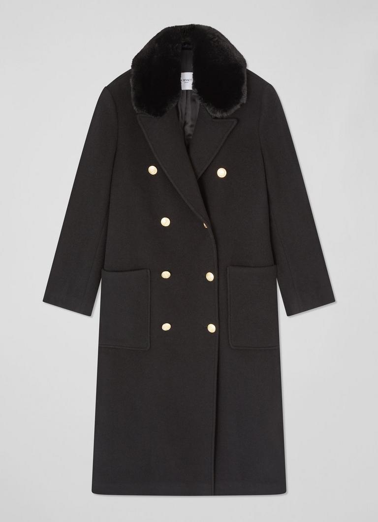 Black wool coat with faux fur collar online