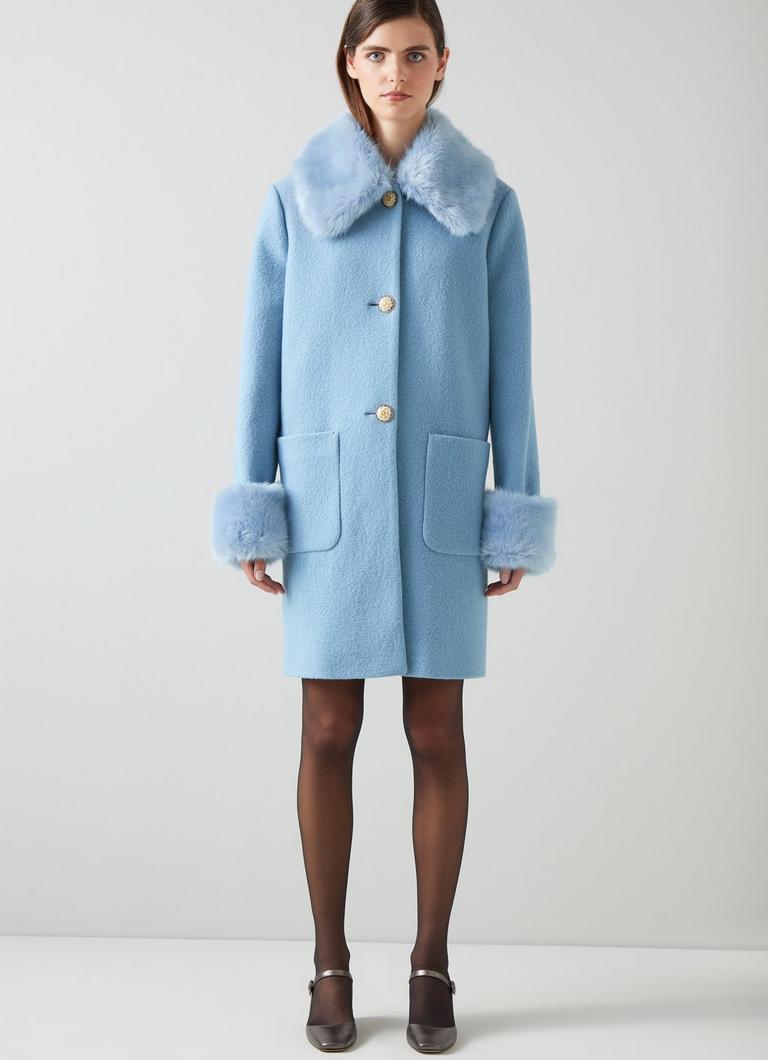 Baby blue coat top with fur collar