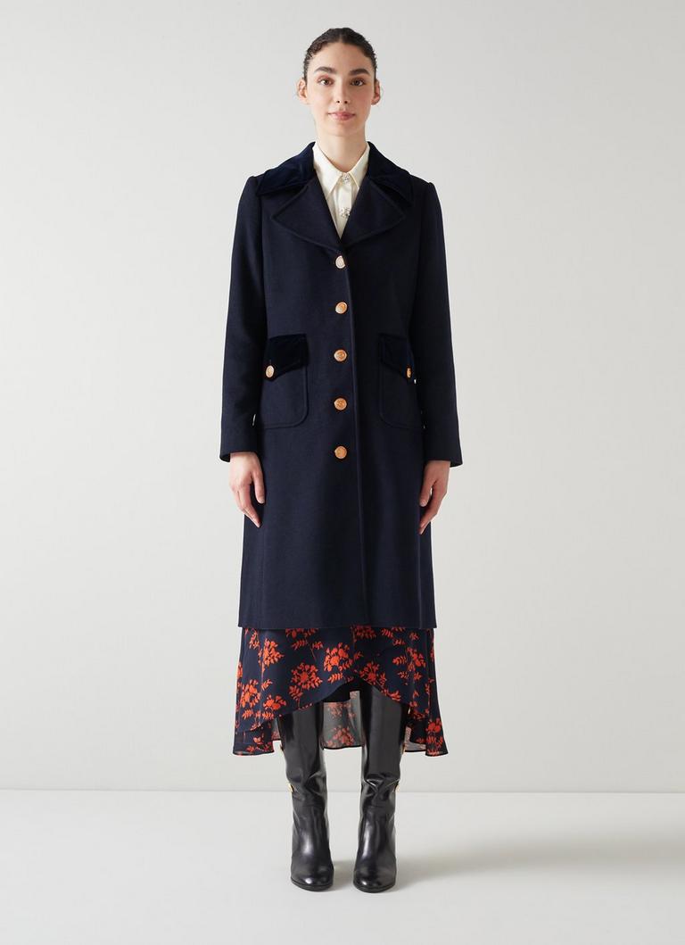 Lily Navy Recycled Wool And Velvet Coat