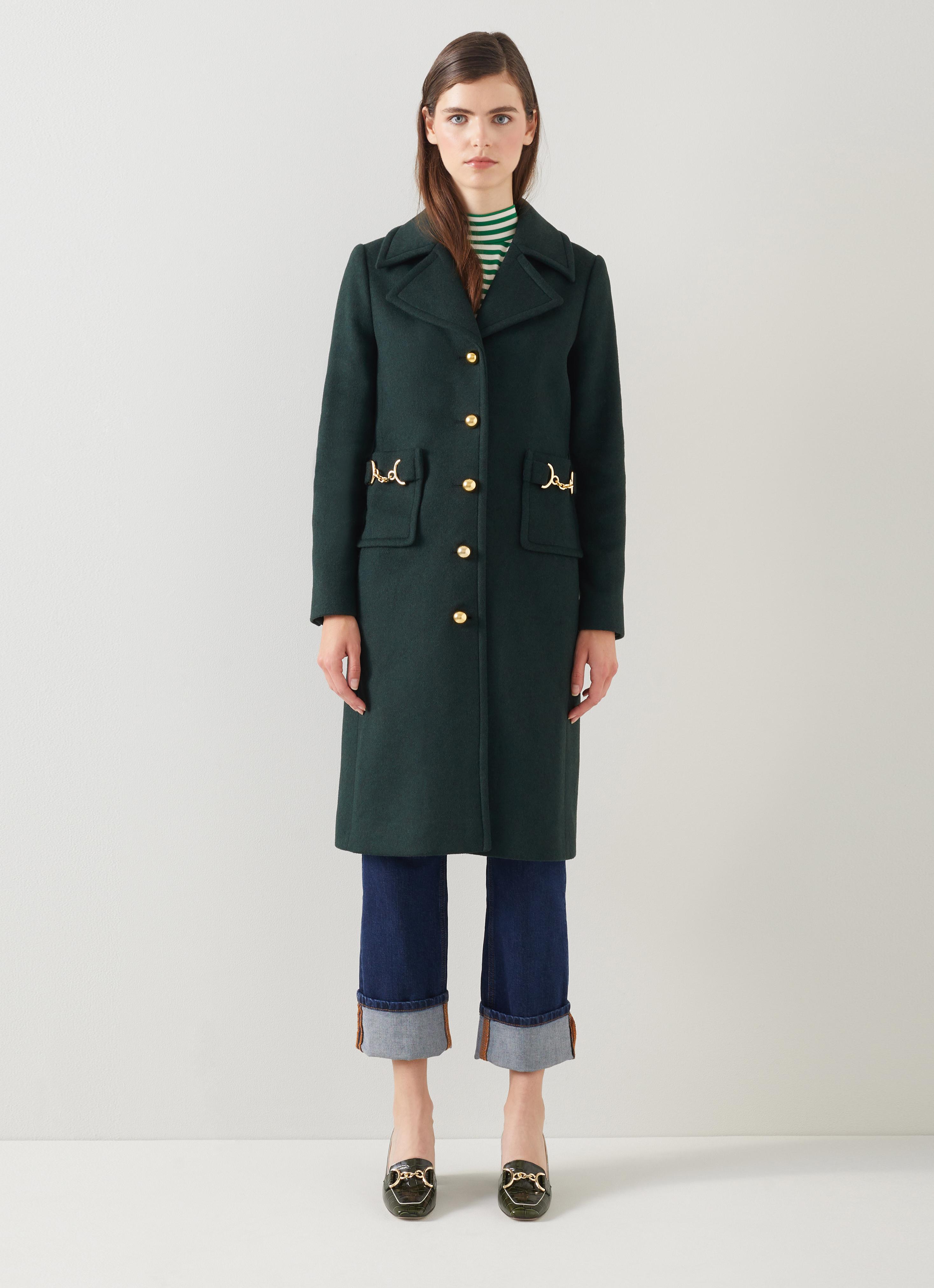 L.K.Bennett Spencer Green Recycled Wool-Blend Snaffle Detail Coat, Forest