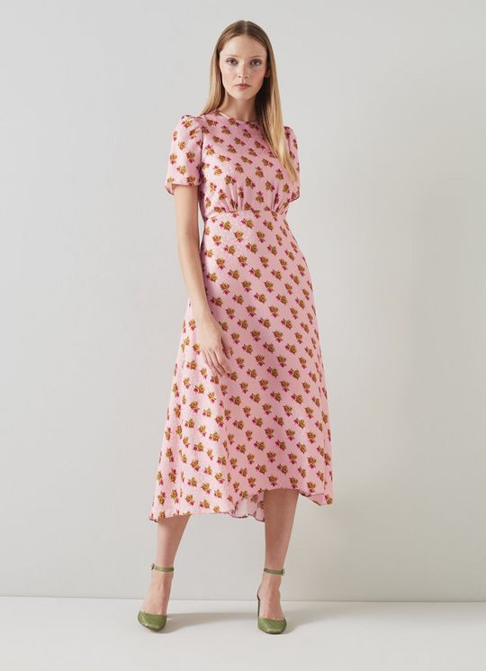 L.K.Bennett Boyd Pink Rosebud Print Silk Midi Dress, Pink