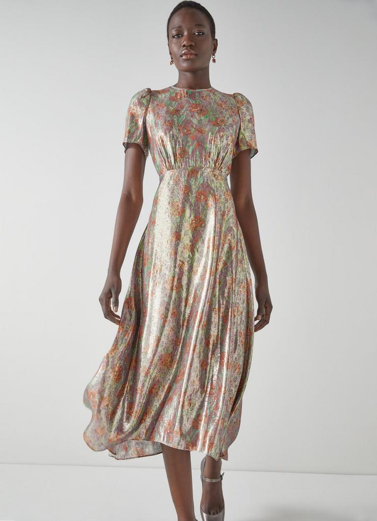 Silk midi hot sale dress with sleeves