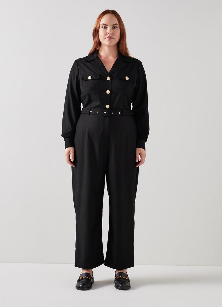 Black jumpsuit with gold buttons hotsell