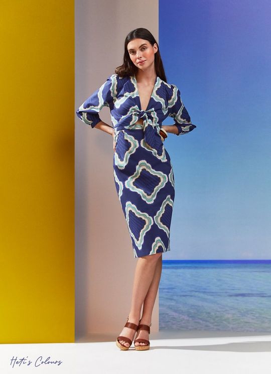 L.K.Bennett Daniela Blue Tile Print Organic Cotton-Blend Dress, Navy Multi