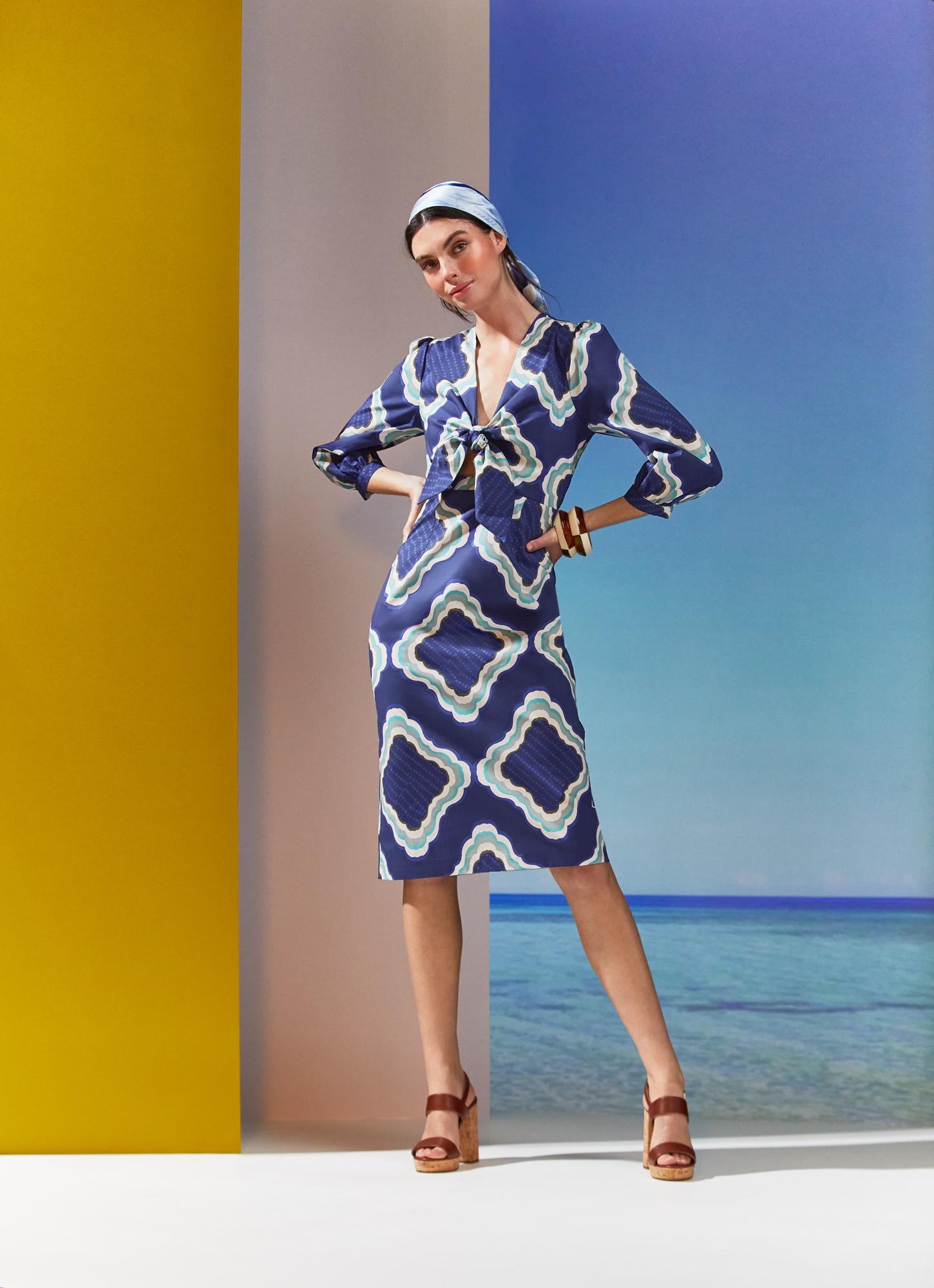 Daniela Blue Tile Print Organic Cotton Blend Dress