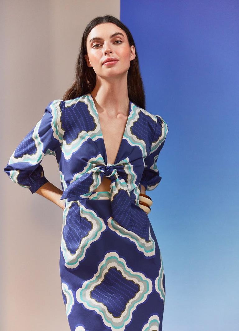 Daniela Blue Tile Print Organic Cotton Blend Dress