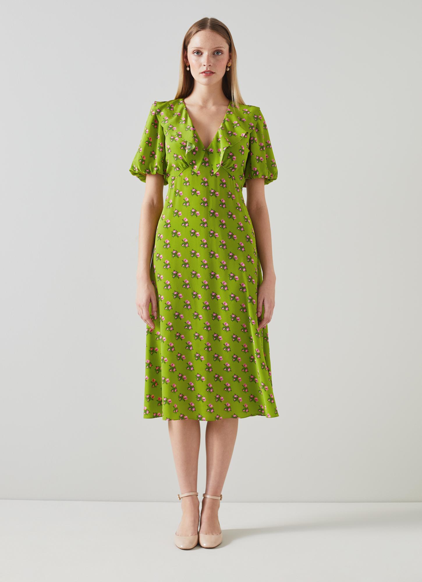 Edeline Green And Pink Rosebud Print Silk Dress | Printed Dresses |  L.K.Bennett, London