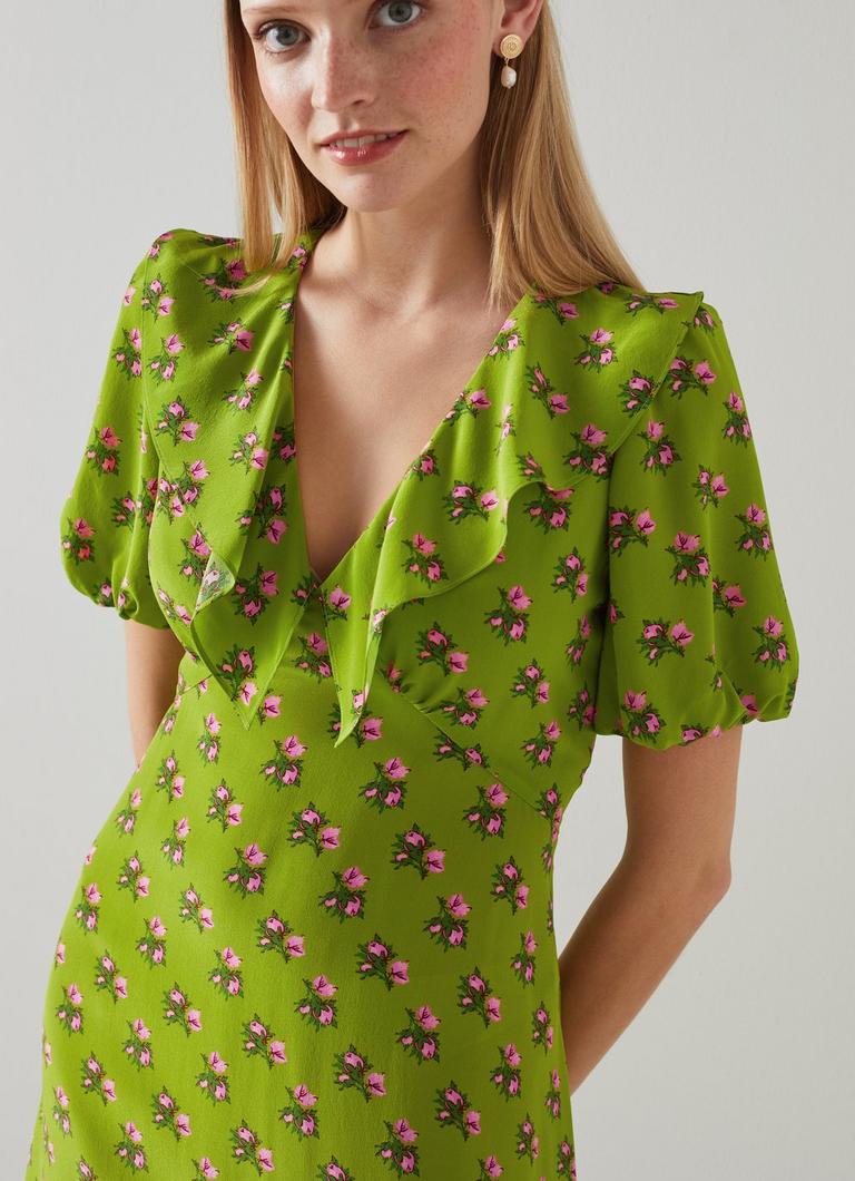 Edeline Green And Pink Rosebud Print Silk Dress Floral Prints