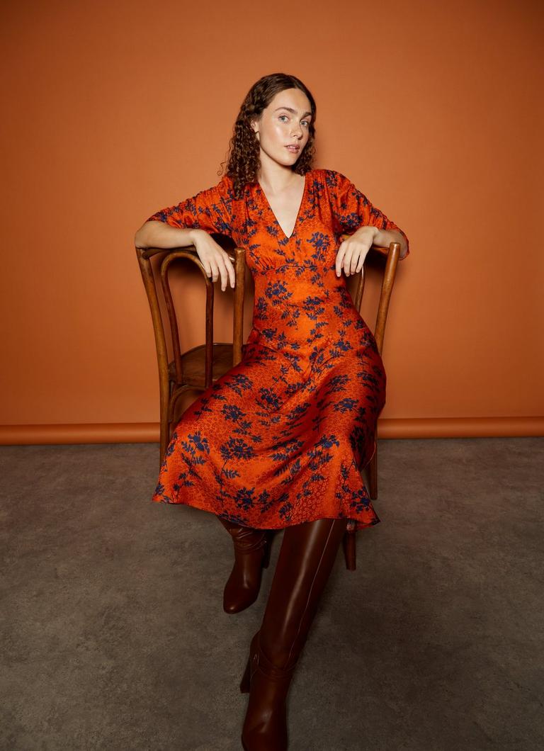 Erin Orange And Blue Shadow Floral Silk Jacquard Dress Floral