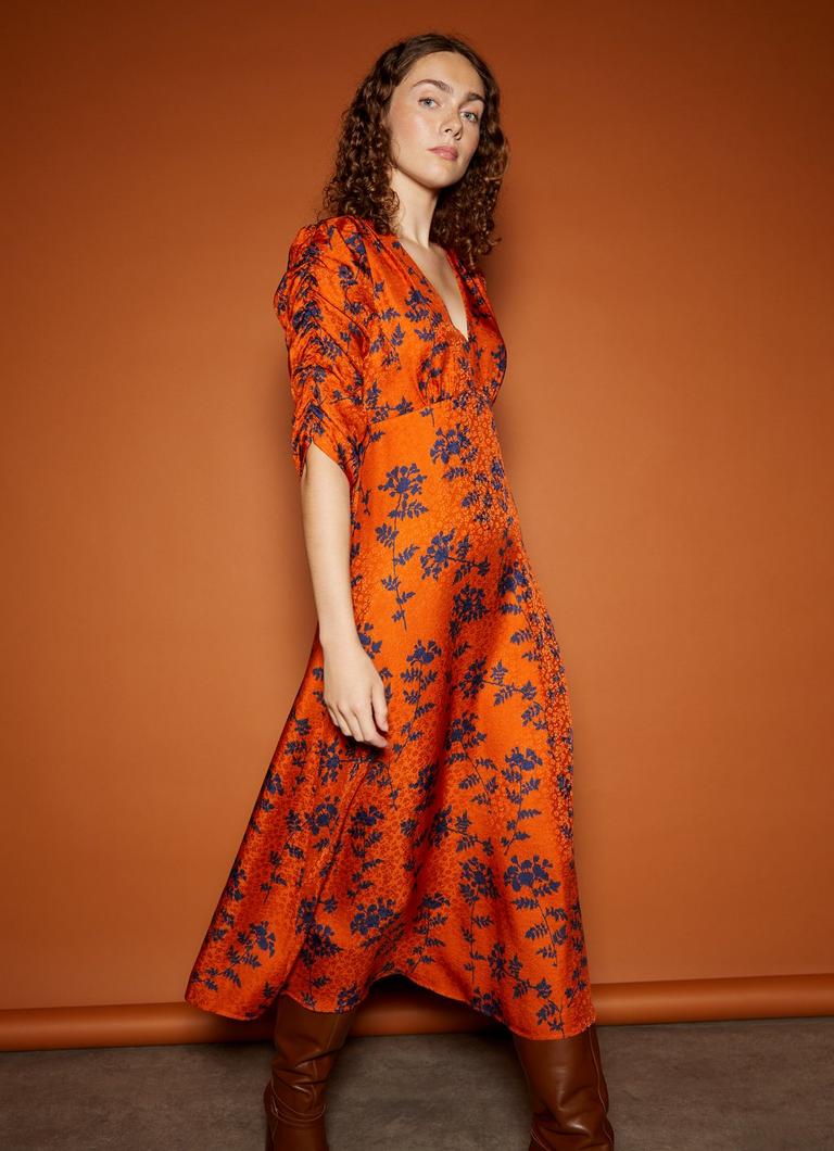 Erin Orange And Blue Shadow Floral Silk Jacquard Dress