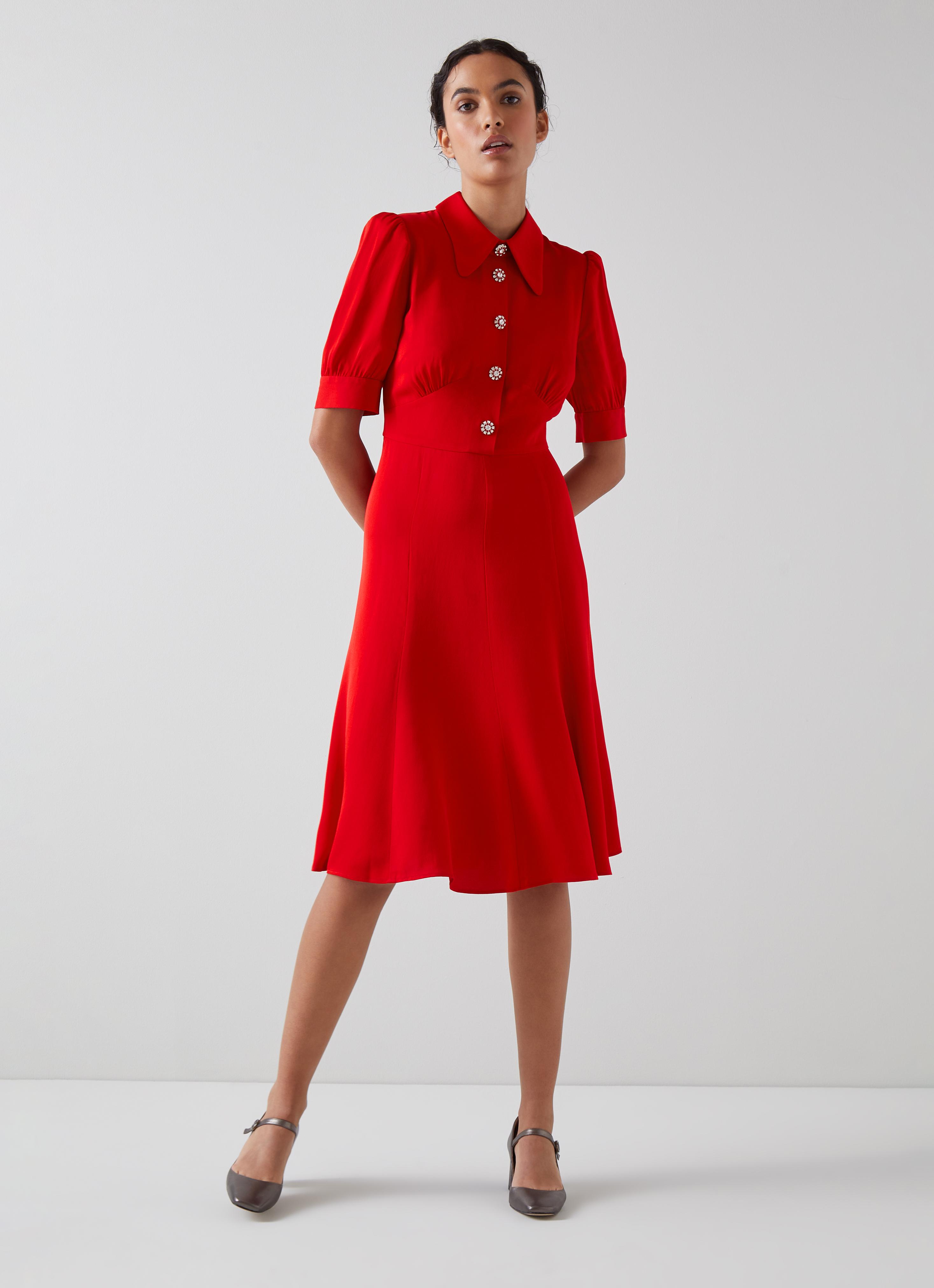 Esme Red Crepe Crystal Button Tea Dress blackfriday