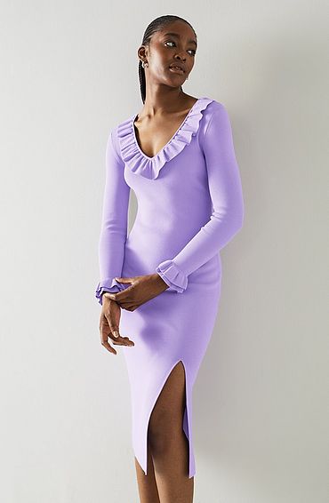 Grace Lilac Rib Knit Frilled Dress Violet, Violet