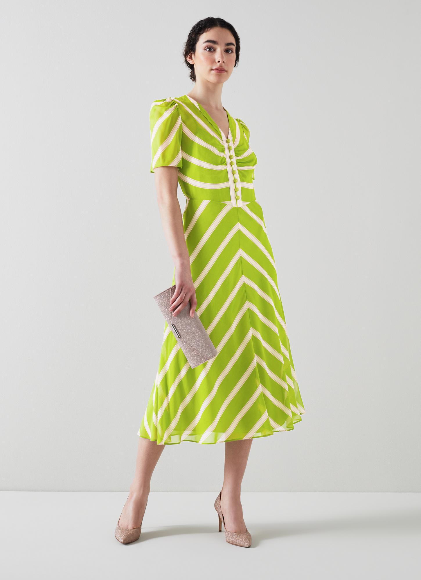 L.K.Bennett Holzer Green And Pink Chevron Stripe Silk Dress, Green