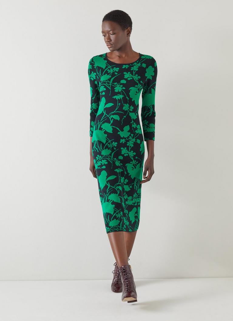 Joni Navy And Green Cotton-Sustainably Sourced Merino Dress | Printed Dresses | L.K.Bennett, London Joni Navy And Green Cotton-Sustainably Sourced Merino Dress | Printed Dresses | L.K.Bennett, London