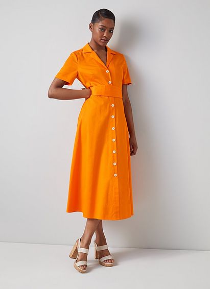 Joplin Orange Cotton Shirt Dress, Orange
