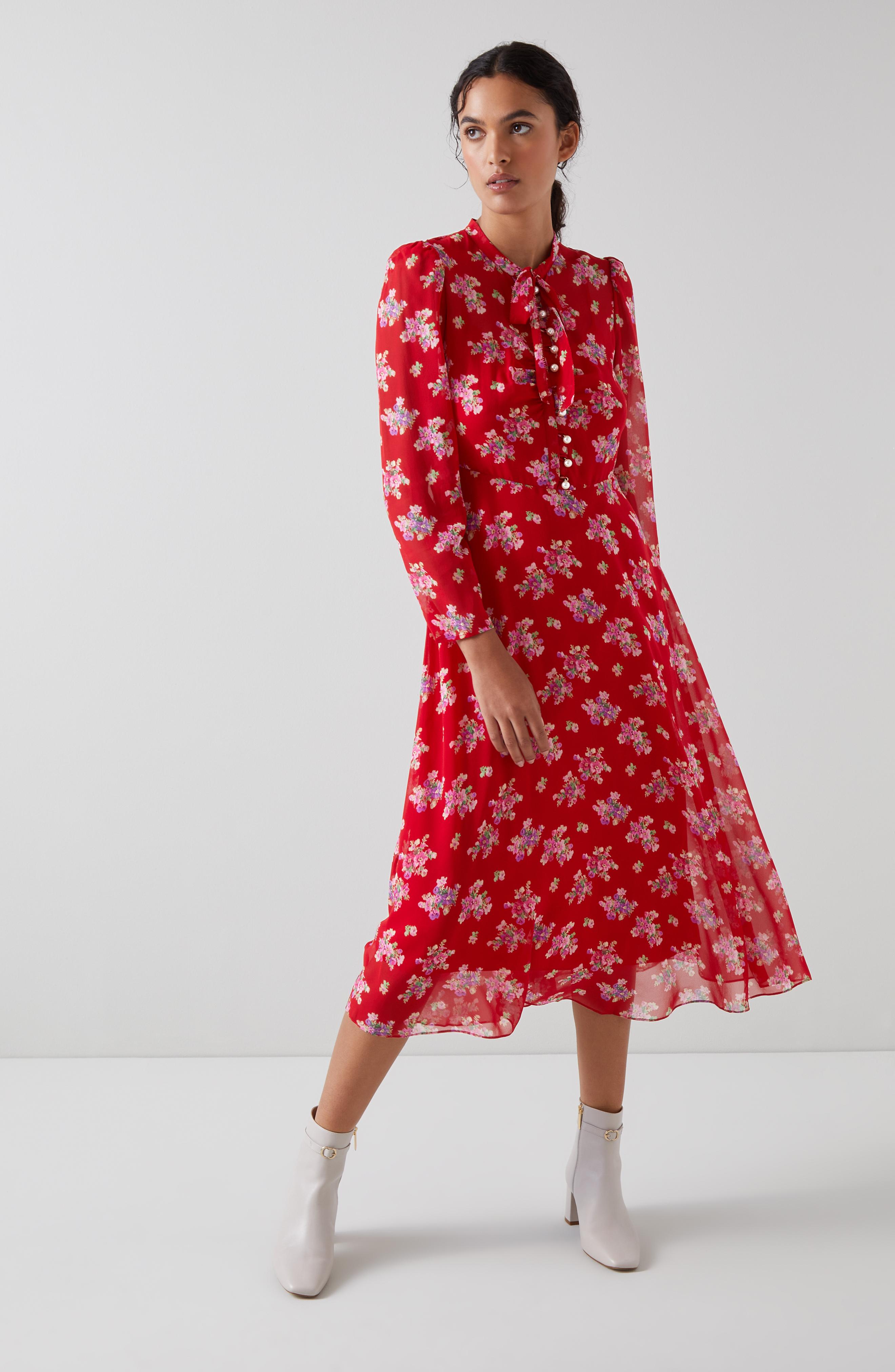 Keira Red Floral Print Silk Dress Printed Dresses