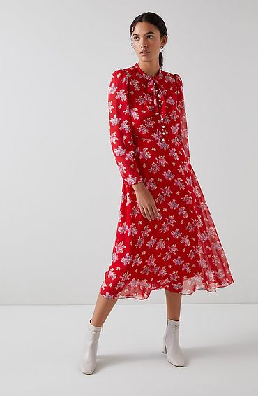 Keira Red Floral Print Silk Dress Multi, Multi