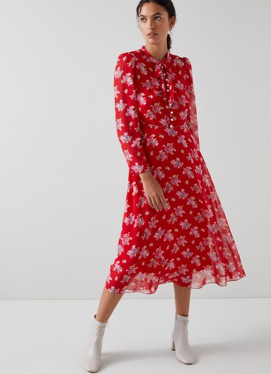 L.K.Bennett Keira Red Floral Print Silk Dress, Multi