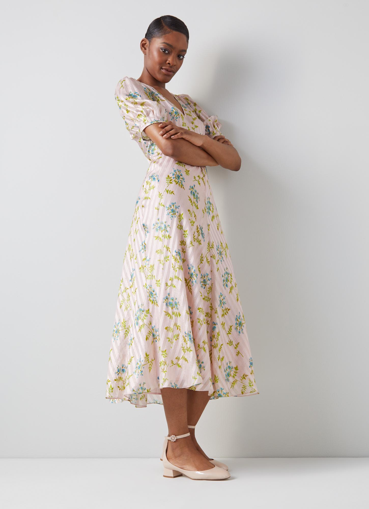 Leith Cream Valerian Flower Silk Metallic Stripe Dress Printed