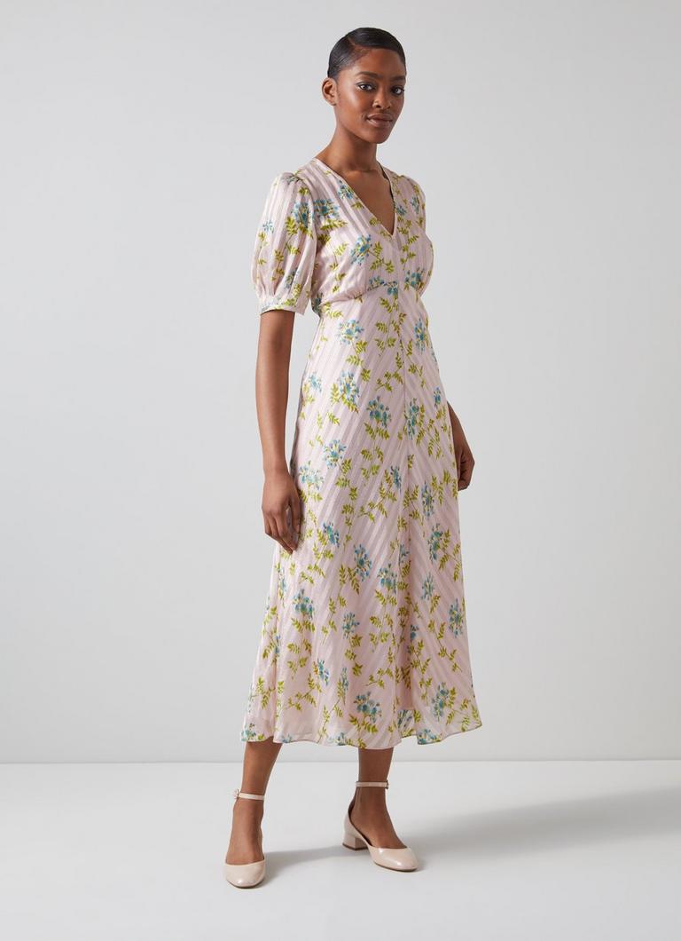 Leith Cream Valerian Flower Silk Metallic Stripe Dress Floral