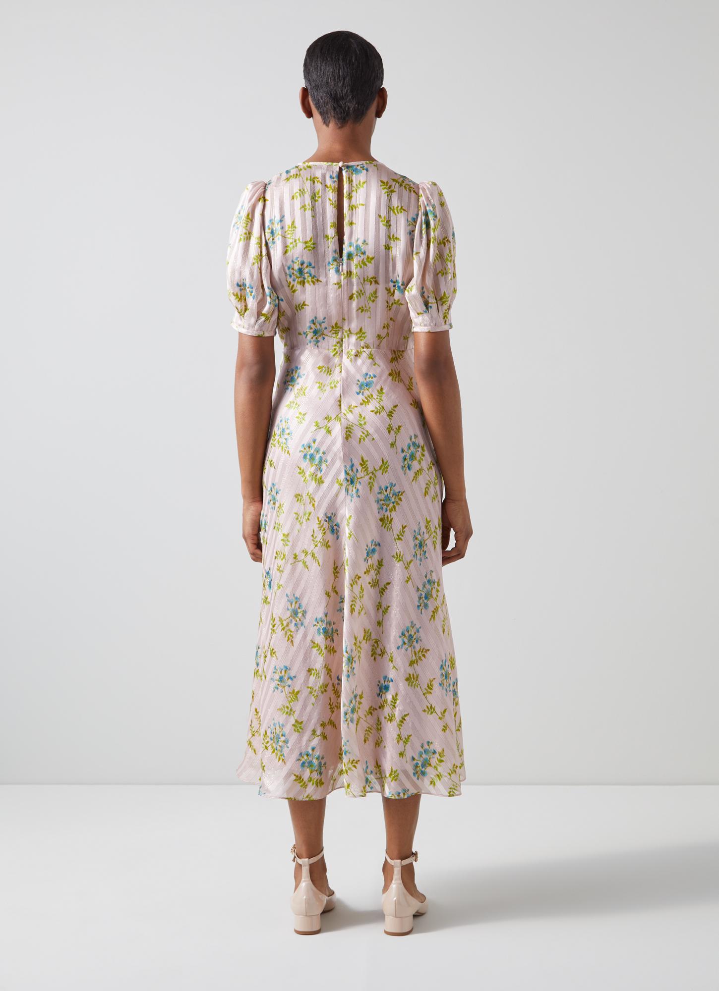 Leith Cream Valerian Flower Silk Metallic Stripe Dress | Printed Dresses |  L.K.Bennett, London