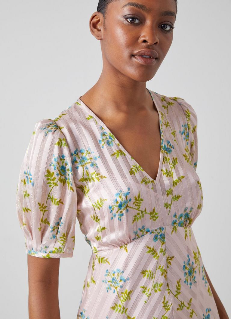 Leith Cream Valerian Flower Silk Metallic Stripe Dress Floral