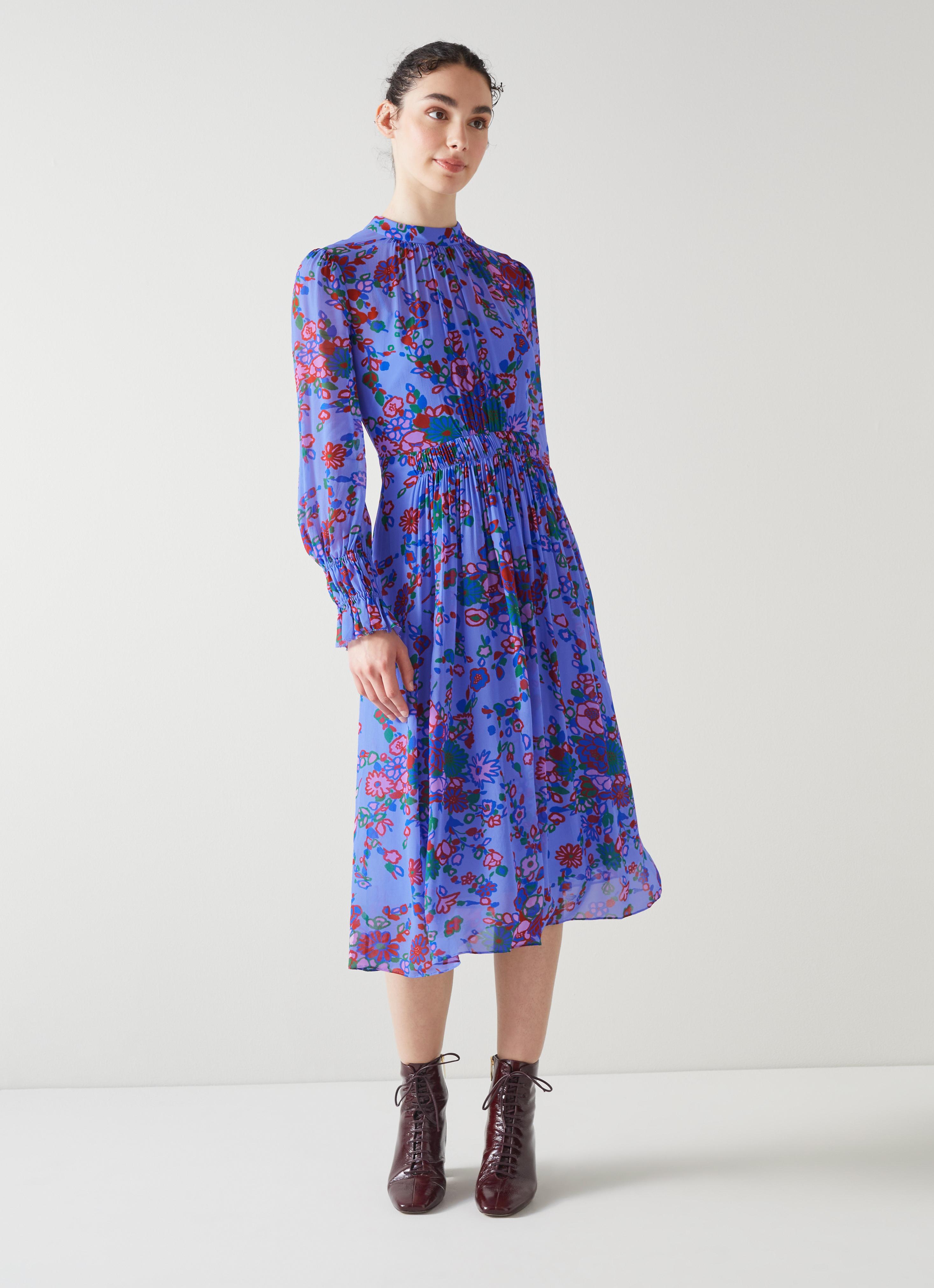 L.K.Bennett Louise Blue Naive Floral Print Midi Dress, Multi