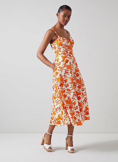 Lucy Orange Vine Leaf Print Cotton Sun Dress, Orange