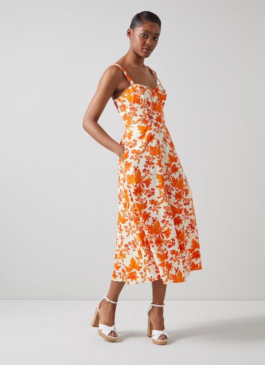 L.K.Bennett Lucy Orange Vine Leaf Print Cotton Sun Dress, Orange