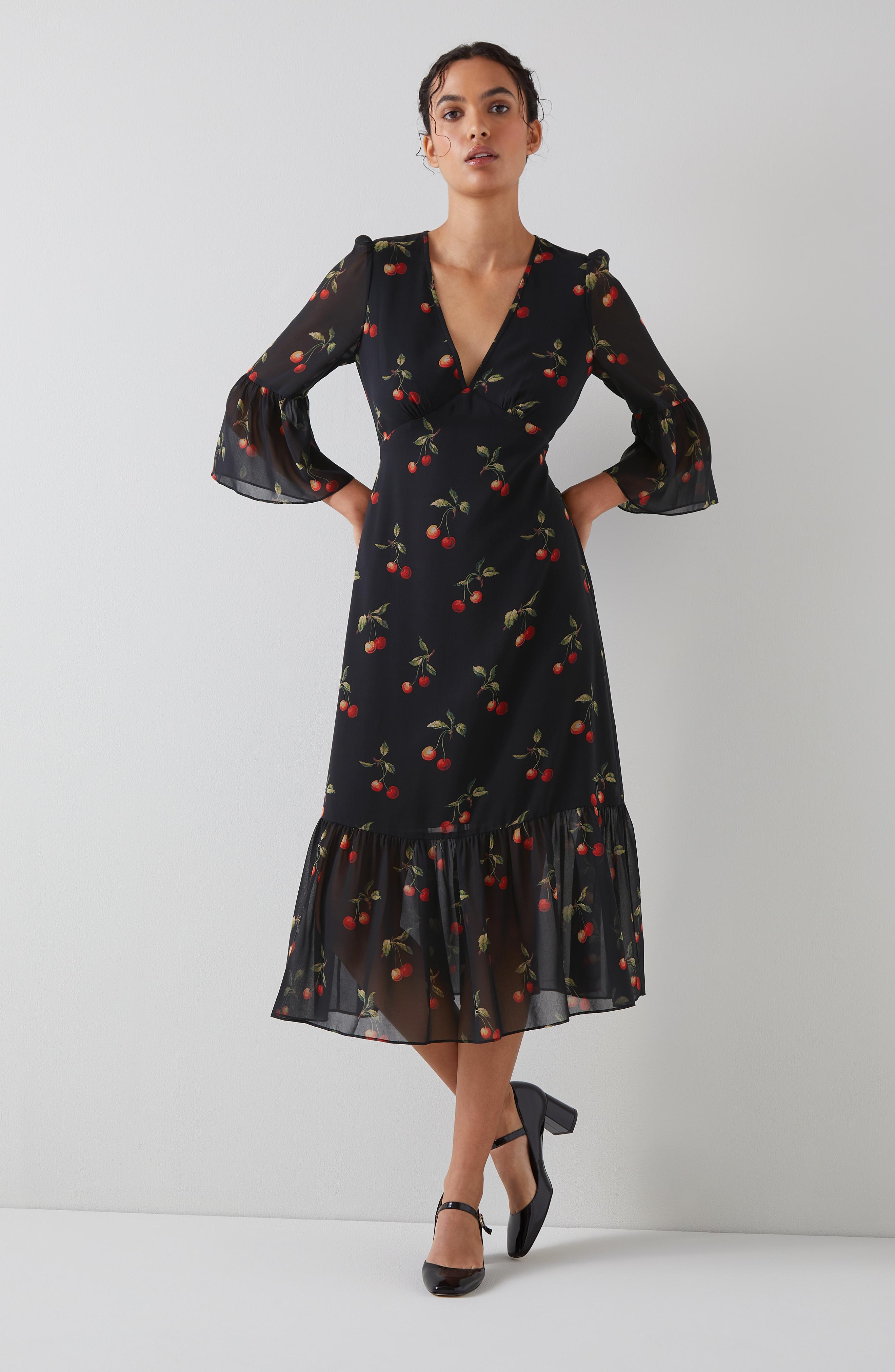 Mallory Black and Red Cherry Print Midi Dress Printed Dresses