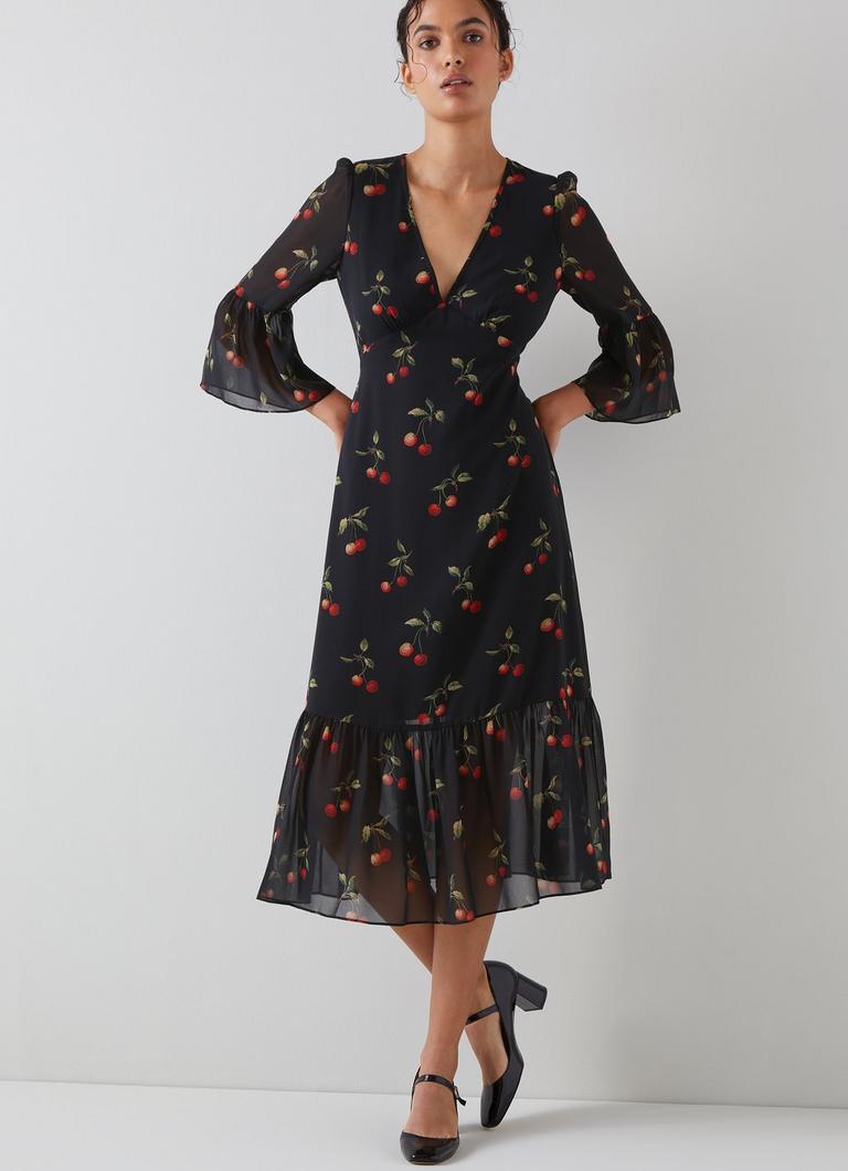 Mallory Black and Red Cherry Print Midi Dress Printed Dresses