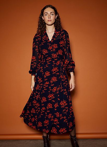Odetta Navy And Orange Shadow Floral Print Dress Multi, Multi