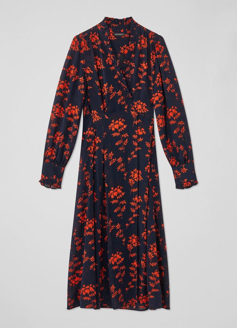 Odetta Navy And Orange Shadow Floral Print Dress Floral Prints