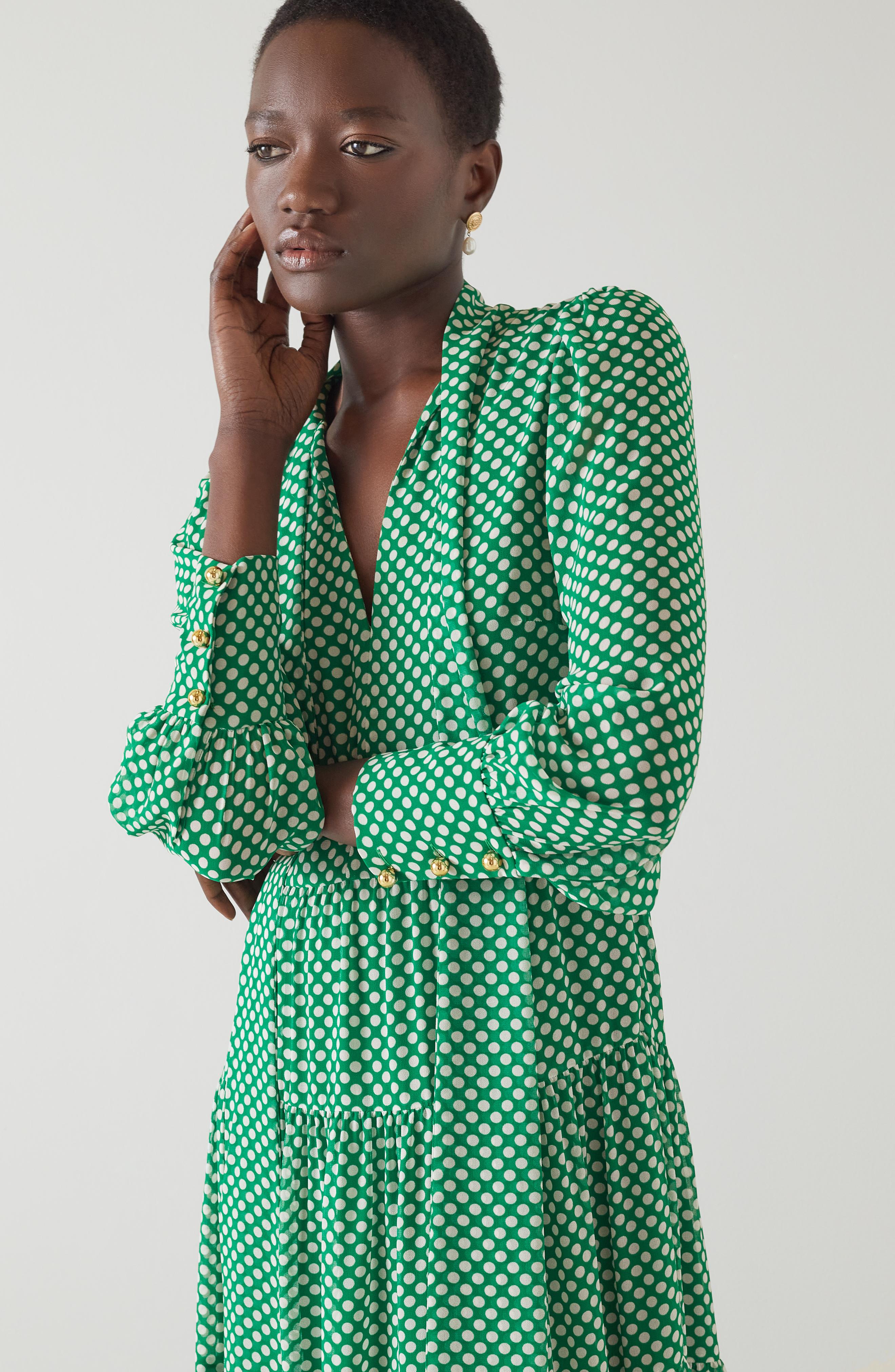 Polly Green & Cream Dress | Spotted Midi Dress | LK Bennett