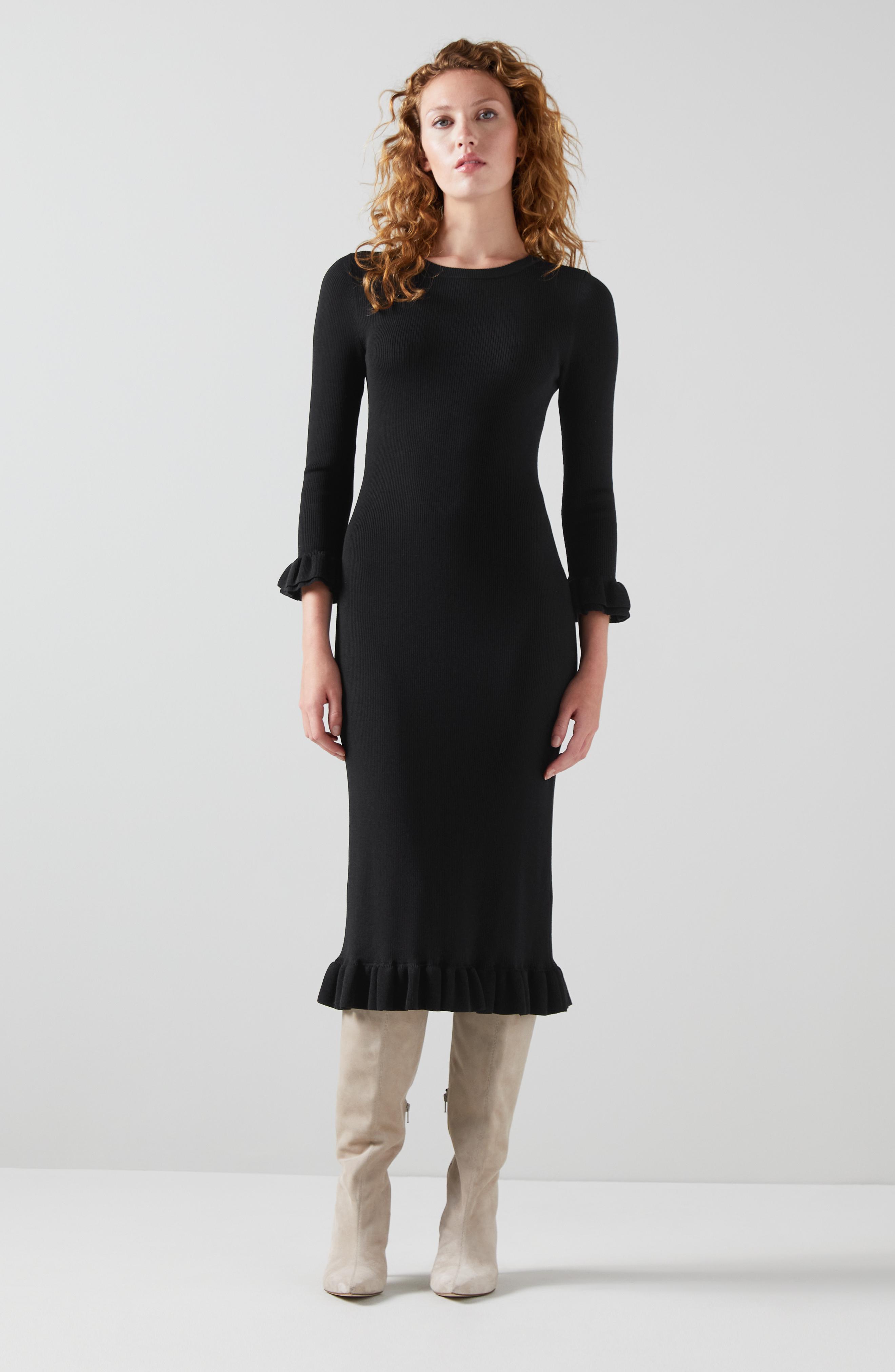 L.K.Bennett Rachel Black Rib Knit Frilled Dress, Black