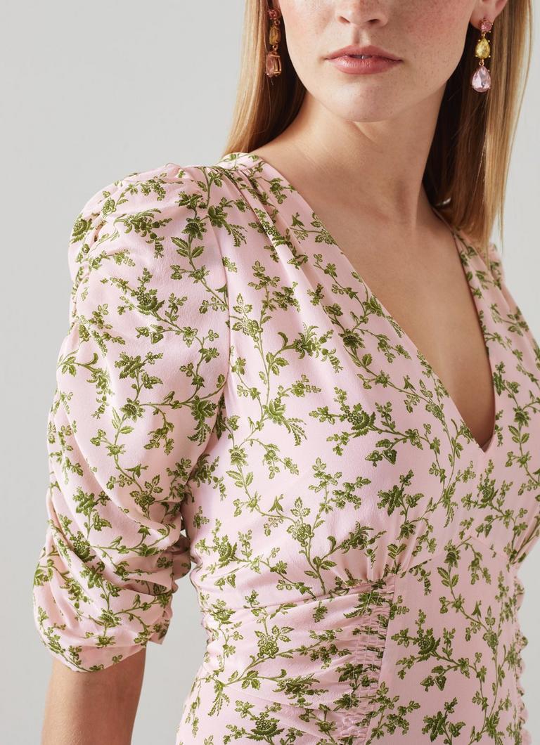 Rosamund Pink And Green Ornate Floral Print Silk Dress