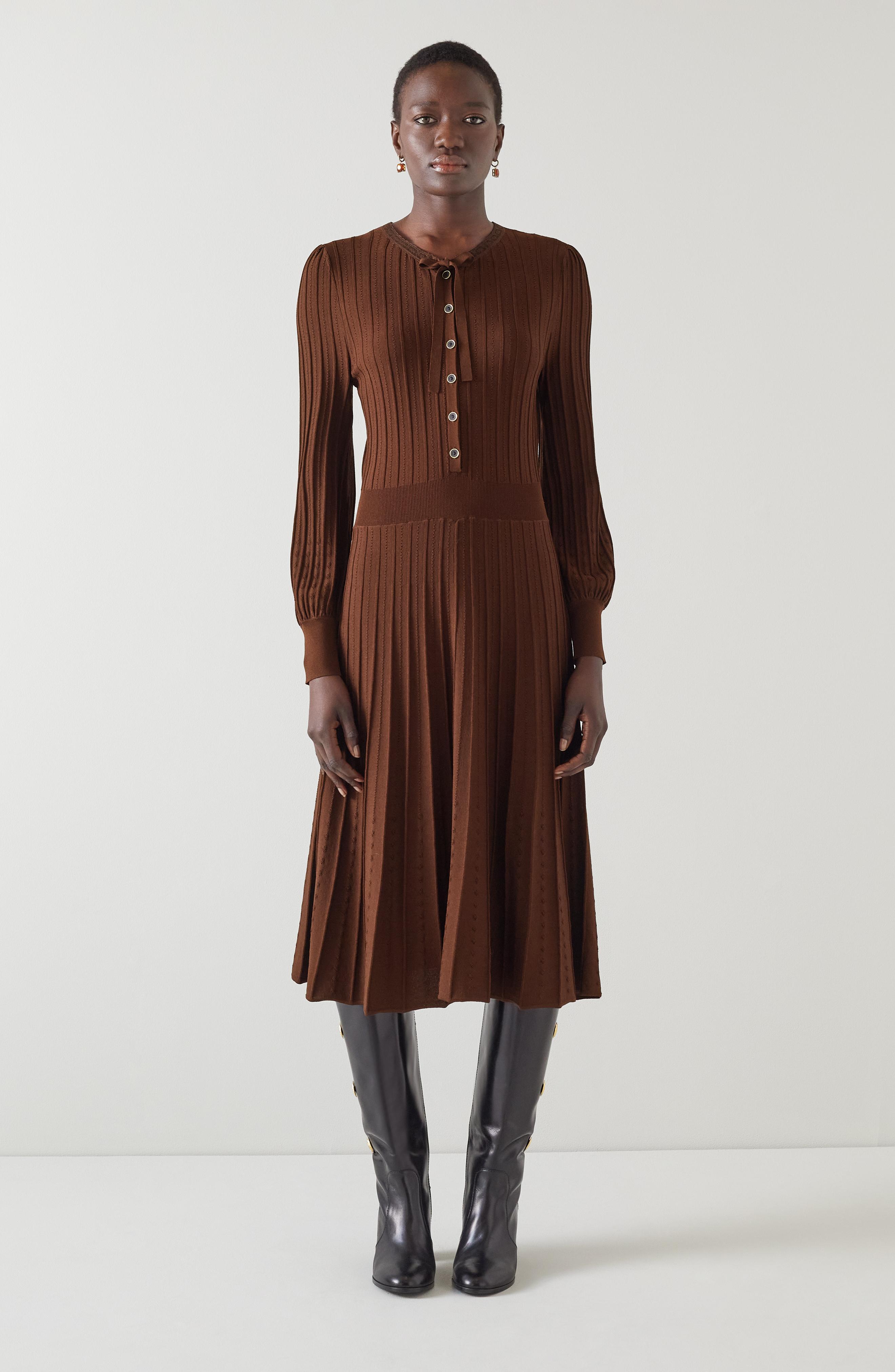 Susannah Brown Rib Knit Pleated Dress | blackfriday | L.K.Bennett