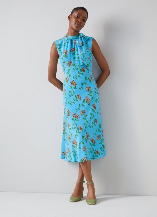L.K.Bennett Vali Blue Valerian Floral Print Tie Neck Silk Dress, Blue