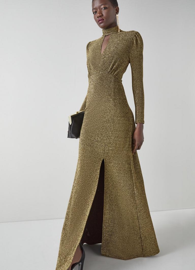 Wilma Gold Metallic Slit Front Maxi Dress