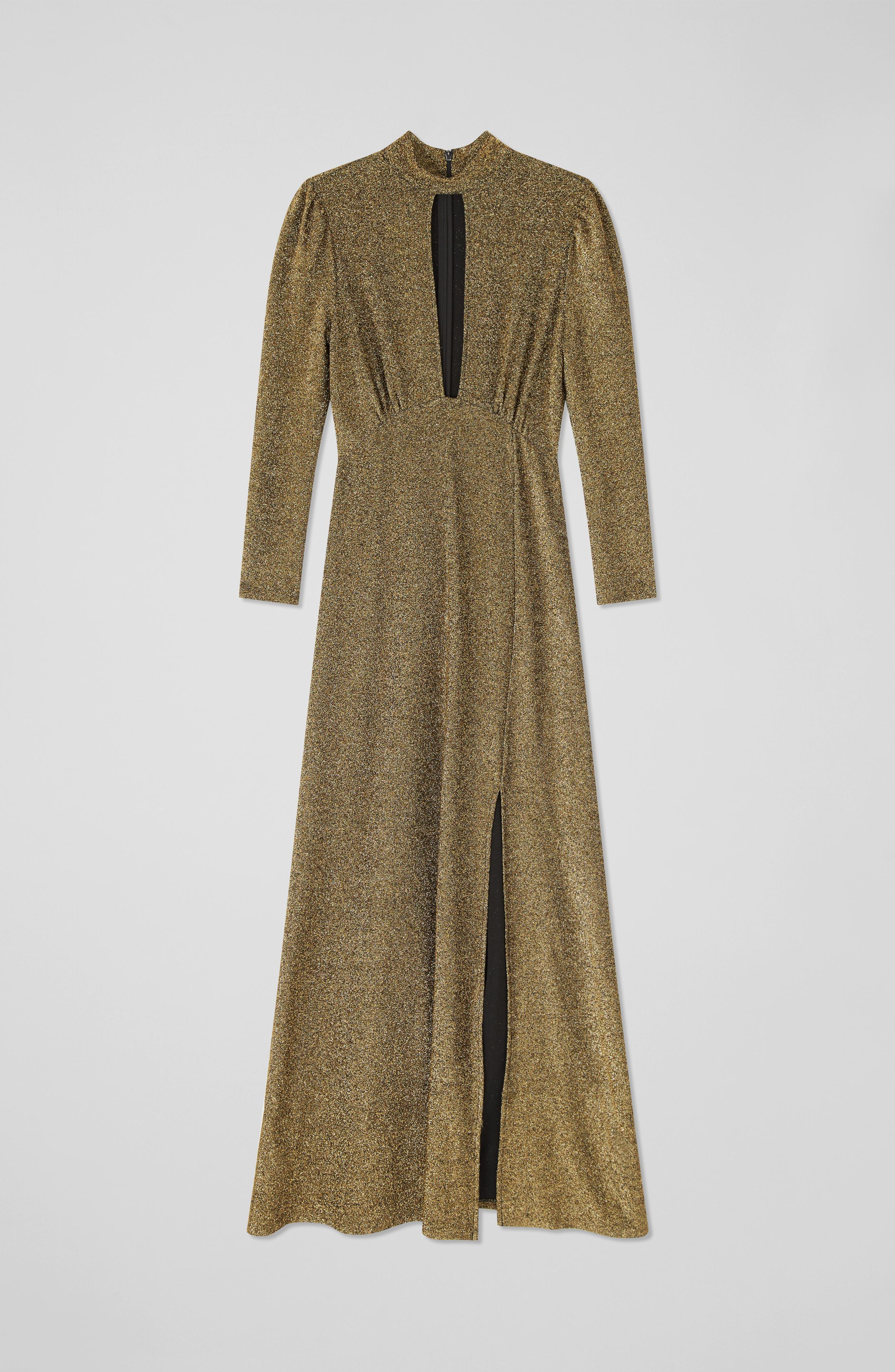 Wilma Gold Metallic Slit-Front Maxi Dress, Black Gold
